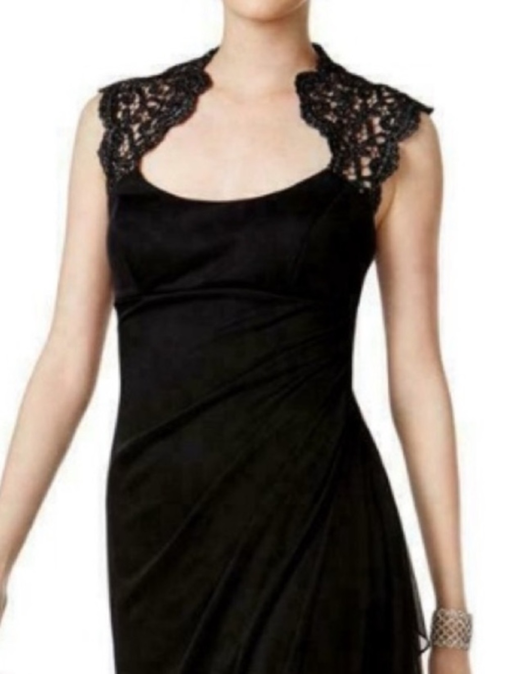 Xscape Stand-Collar Illusion Back Cap Sleeve Dress Lace Neckline Cocktail 4